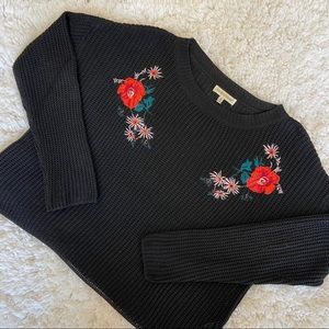 Cute black floral embroidered chunky knit sweater